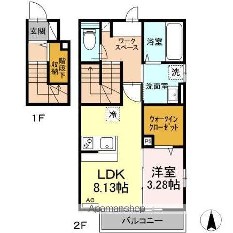 ドゥ・薬師堂 B(1LDK/2階)の間取り写真