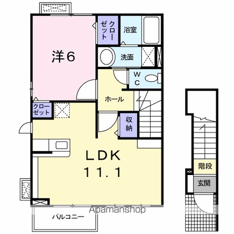 パレ・スレーヌB(1LDK/2階)の間取り写真