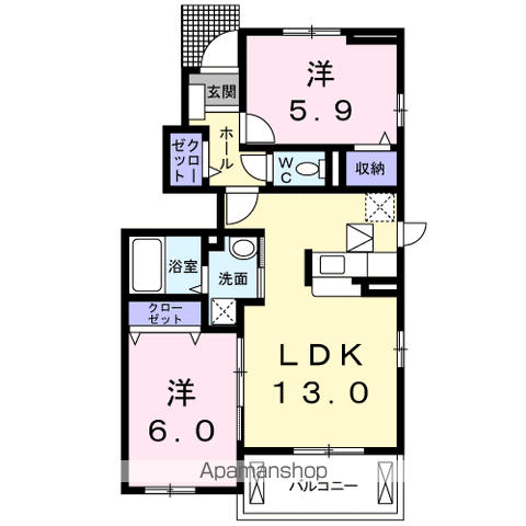 ウエスト ウッド(2LDK/1階)の間取り写真