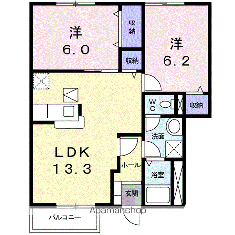 サンシェールB(2LDK/1階)の間取り写真
