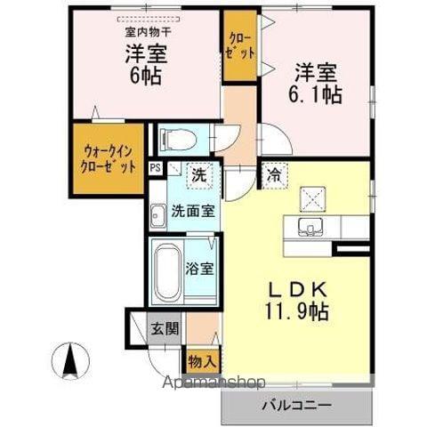 ヴィラージュ B棟(2LDK/1階)の間取り写真