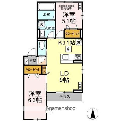 ルリアン小田原(2LDK/1階)の間取り写真