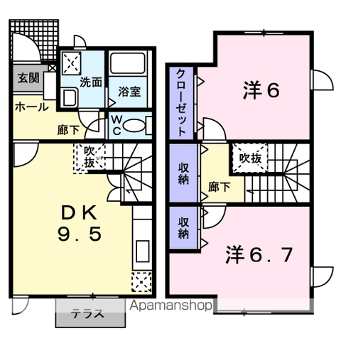フレシャトーB棟(2LDK/1階)の間取り写真