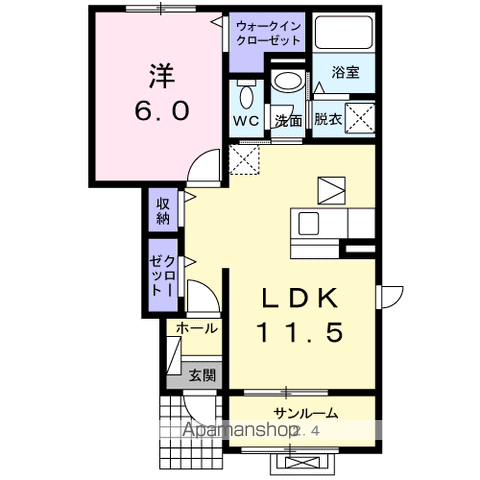 カサ・デ・リオ(1LDK/1階)の間取り写真