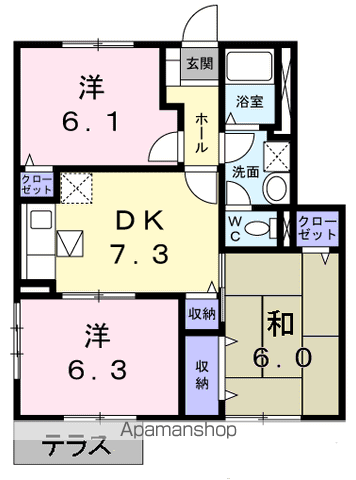 リヴィエール岩出Ⅱ(3DK/1階)の間取り写真