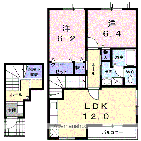 カリーノ・パレス1(2LDK/2階)の間取り写真