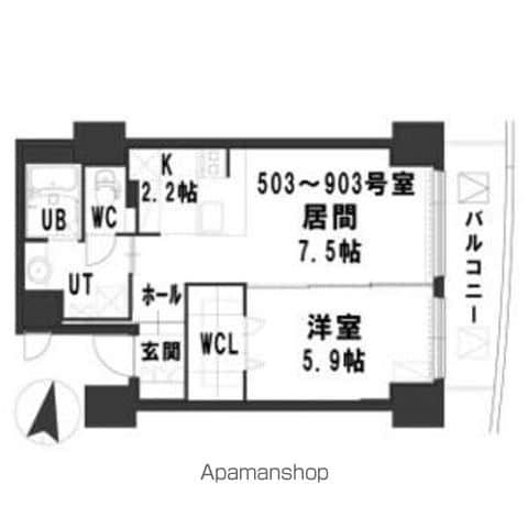 グランメール緑道舘(1LDK/9階)の間取り写真