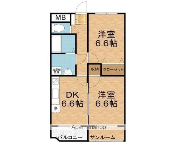 ボヌール三ツ屋(2DK/2階)の間取り写真