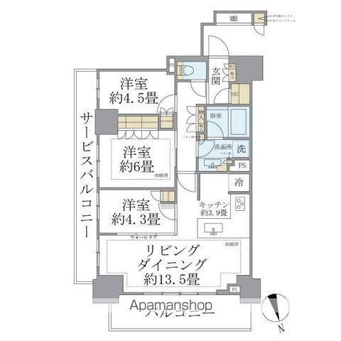 BRILLIA 聖蹟桜ヶ丘 BLOOMING TERRACE(3LDK/4階)の間取り写真