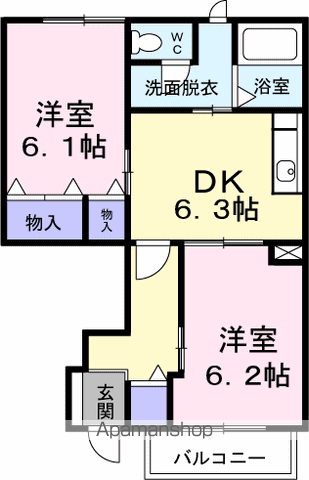 パレス・ニュールミネⅡA(2DK/1階)の間取り写真