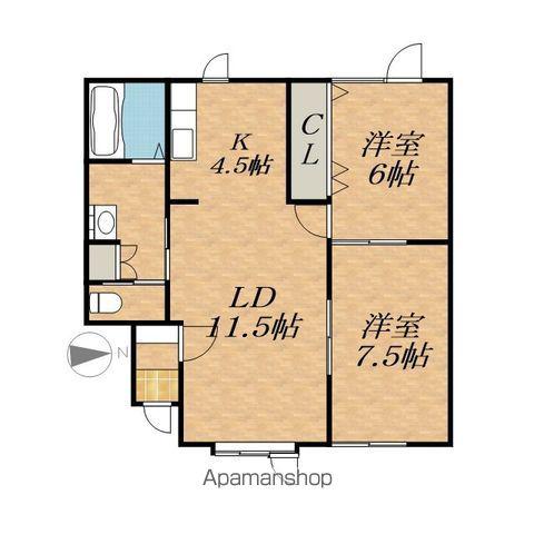 根室本線 帯広駅 バス乗車時間：21分 西１９条５丁目バス停で下車 徒歩7分 2階建 築25年(2LDK/1階)の間取り写真
