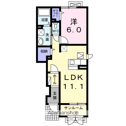 サン・ヤスダⅢB(1LDK/1階)の間取り写真