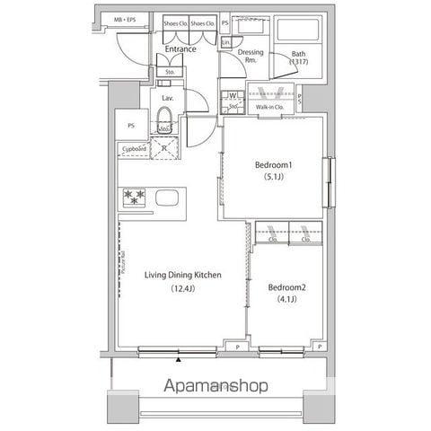 ザ・パークハビオ目黒プレイス(2LDK/8階)の間取り写真