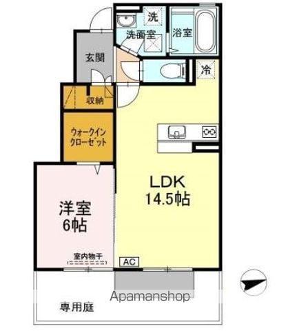 フェリス河内B棟(1LDK/1階)の間取り写真