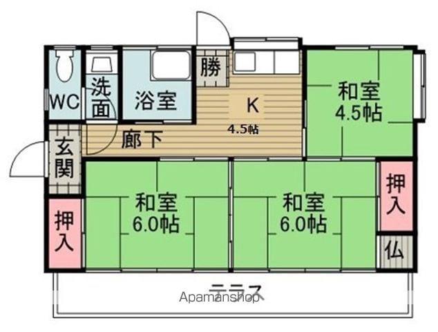 日豊本線 五十市駅 バス乗車時間：3分 鷹尾２丁目バス停で下車 徒歩16分 1階建 築38年(3K)の間取り写真