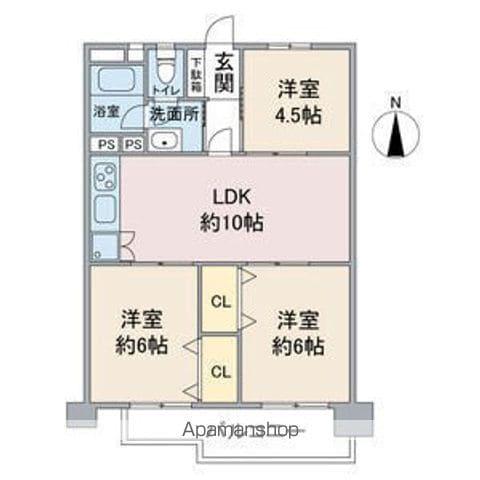 西一社団地(3LDK/6階)の間取り写真