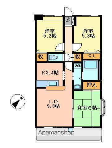 グランディール高野台(3LDK/2階)の間取り写真