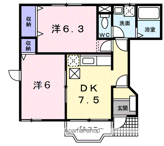 カルフールⅡ(2DK/1階)の間取り写真