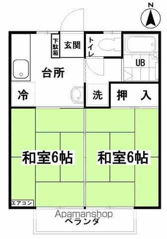 常磐線 いわき駅 バス乗車時間：18分 胡摩沢バス停で下車 徒歩4分 2階建 築31年(2K/1階)の間取り写真