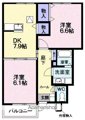 プラシード緑ヶ丘(2DK/1階)の間取り写真