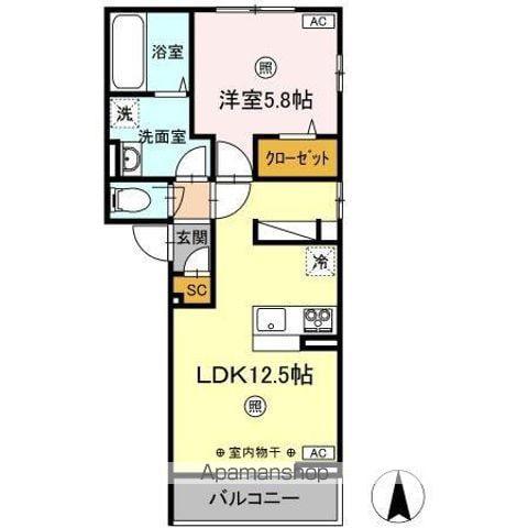 ロータスⅡ B棟(1LDK/2階)の間取り写真