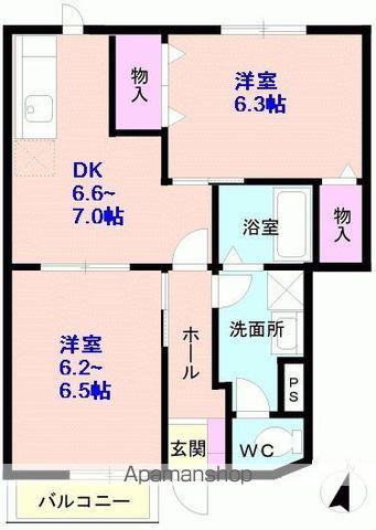 グリーングラスB棟(2DK/1階)の間取り写真