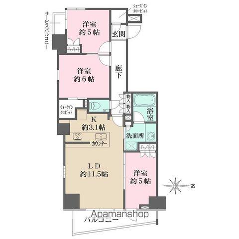 ザ・パークハウス新宿柏木(3LDK/6階)の間取り写真