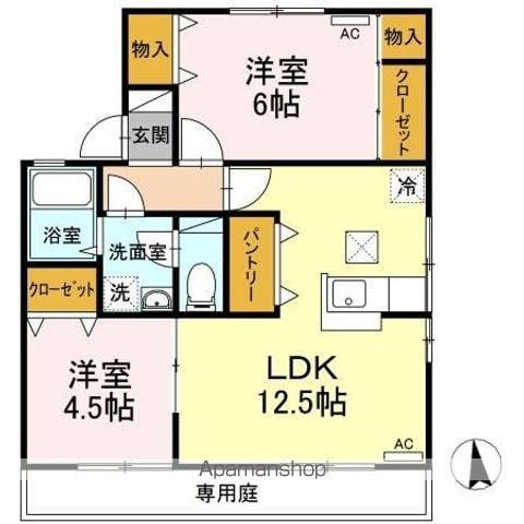 丹下ハイツ A棟(2LDK/1階)の間取り写真