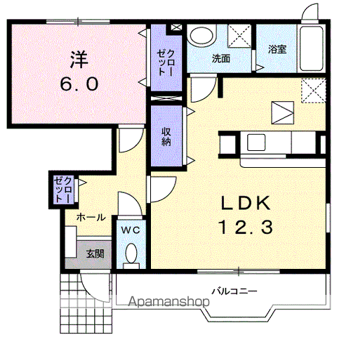 カルムB棟(1LDK/1階)の間取り写真