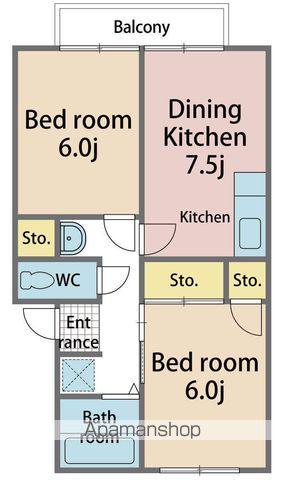 プレジール4丁目 1(2DK/2階)の間取り写真
