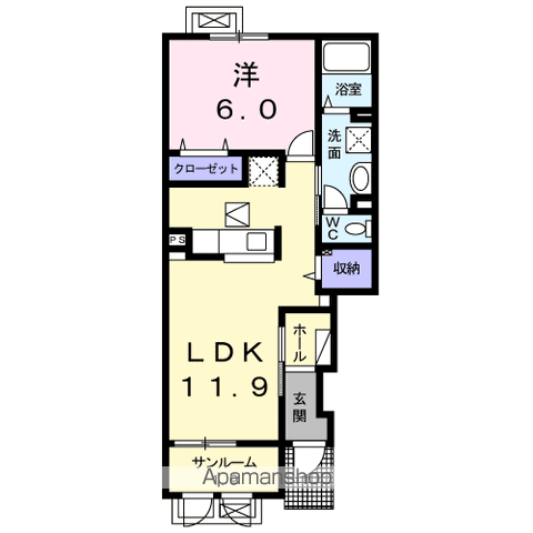 ルーナリア Ⅱ(1LDK/1階)の間取り写真