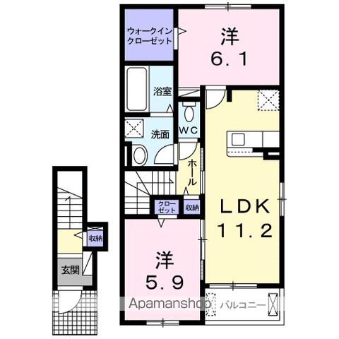 Yフォレスト八日市ⅡーA(2LDK/2階)の間取り写真