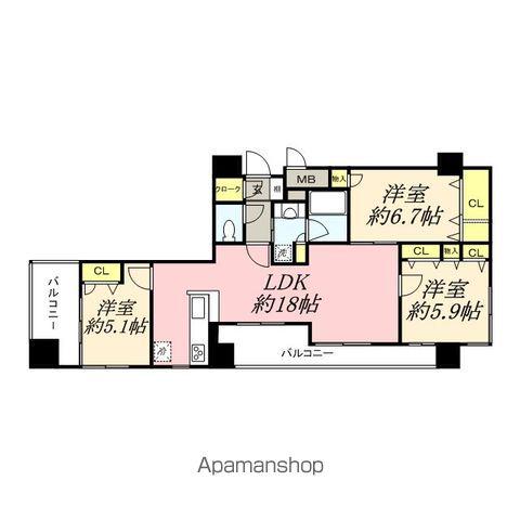 アクタス渡辺通パークシティ(3LDK/14階)の間取り写真