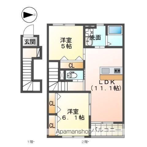 ハピラインふくい 森田駅 バス乗車時間：3分 上野本町東バス停で下車 徒歩3分 2階建 築11年(2LDK/2階)の間取り写真