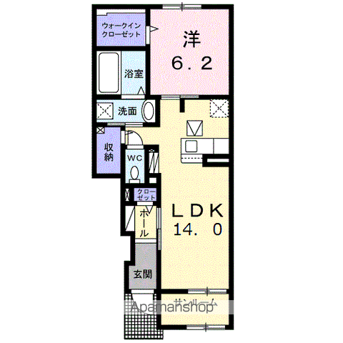 奥羽本線 弘前駅 バス乗車時間：30分 南高校バス停で下車 徒歩2分 2階建 築4年(1LDK/1階)の間取り写真