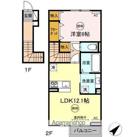 ユニヴェールⅡ D棟(1LDK/2階)の間取り写真