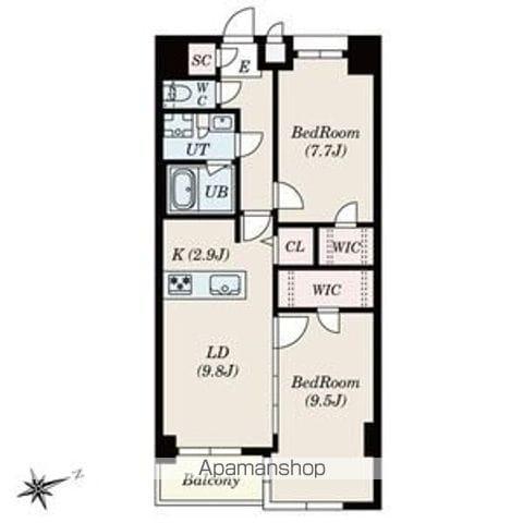 SーRESIDENCE神沢AFFORD 中(2LDK/9階)の間取り写真