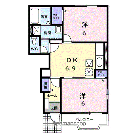 東海道・山陽新幹線 新尾道駅 バス乗車時間：9分 三成バス停で下車 徒歩10分 2階建 築22年(2DK/1階)の間取り写真