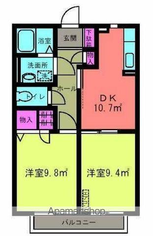 カーサ・ベルデB(2DK/1階)の間取り写真