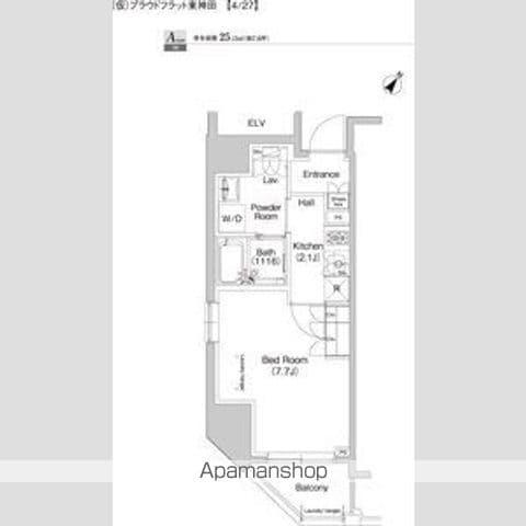 プラウドフラット東神田(1K/4階)の間取り写真