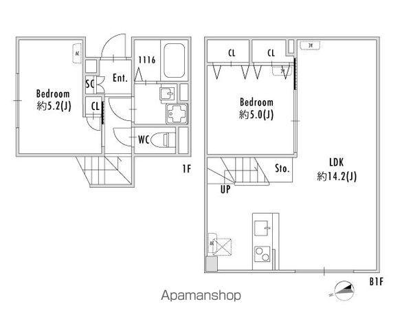 PASEO下北沢代沢Ⅱ(2LDK/1階)の間取り写真