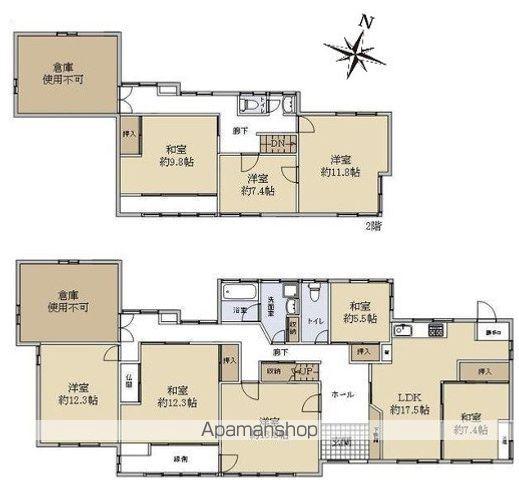 近鉄難波・奈良線 学園前駅(奈良) バス乗車時間：5分 学園大和町二丁目バス停で下車 徒歩2分 2階建 築54年(7LDK)の間取り写真