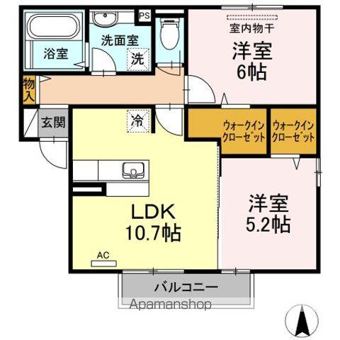 フェリーチェB棟(2LDK/2階)の間取り写真