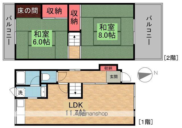 京阪電気鉄道京阪線 樟葉駅 バス乗車時間：14分 田近２丁目バス停で下車 徒歩6分 2階建 築49年(2LDK)の間取り写真