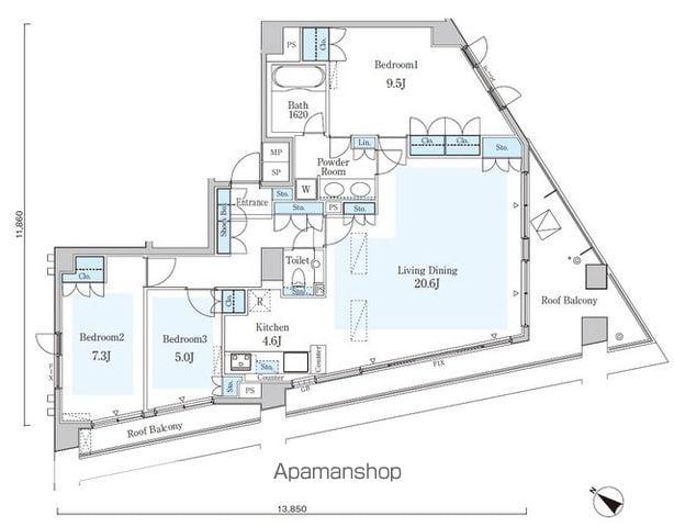 オーキッドレジデンス六本木(3LDK/14階)の間取り写真