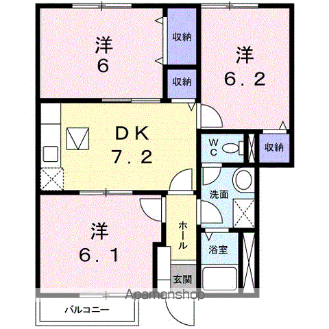 パティオラルジュ B棟(3DK/1階)の間取り写真
