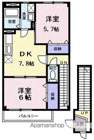 パームハイツ高田B棟(2DK/2階)の間取り写真