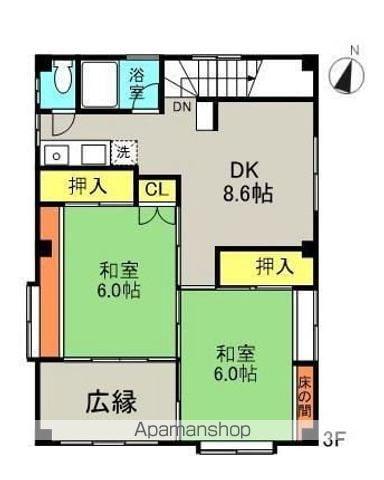常磐線 いわき駅 バス乗車時間：12分 北目バス停で下車 徒歩1分 3階建 築36年(2DK)の間取り写真