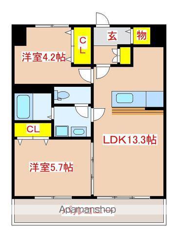 ベイシス隼人(2LDK/9階)の間取り写真