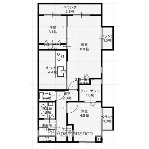 シャトー仙人塚(3LDK/1階)の間取り写真